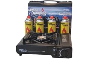 ALPEN CAMPING Réchaud à gaz portable + 4 cartouches de gaz + coffret de réchaud de camping 2 fonctions
