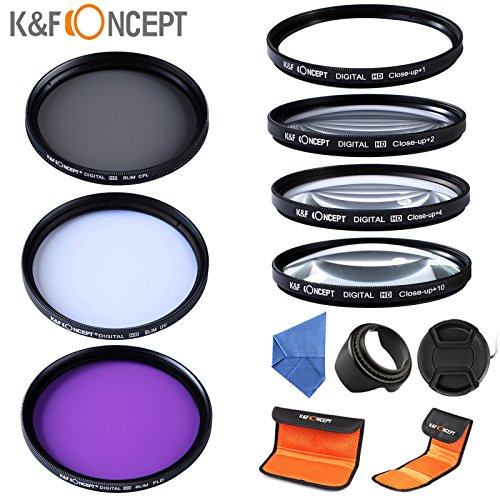 K&F Concept - 55mm Filtro Kit 7 Piezas UV CPL FLD + Close-up+1+2+4+10, Filtro Polarizador UV Filtro para Sony A37 A55 A57 A65 A77 A100 DSLR Cámaras + Paño de Liempieza + Parasol + Centro Pinch Tapa del objetivo + Estuche para Filtro