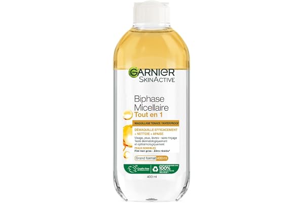 GARNIER Skin Active - Biphase Micellaire - Tout-en-1 - Nettoie, Démaquille & Apaise - Visage, Yeux, Lèvres - Enrichie En Micelles & Huiles - Vegan & Cruelty Free - Tous Types de Peaux - 400 ml