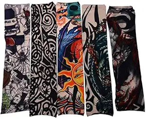 Navkar Crafts? Women's and Men's Nylon Stretch Tattoo Printed Full Hand Arm Sleeves Gloves - 5 pair Sleeves