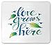 Produktbild Love Grows Here Mouse Pad, Romantic Love Grows Here Quote with Botanical Leaf Nature Herbs, Standard Size Rectangle Non-Slip Rubber Mousepad, Blue Sea Green Yellow