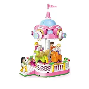 PLUSPOINT Girls Friends Amusement Park Carousel Building Set, Dream Girls Fairground Pink Building Toy for Girls Kids Aged 6 Years and Up (430 Pieces) (Merry-Go-Round)