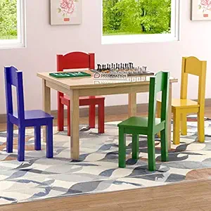 DecorNation Judith Solid Wood Table & Chairs (Kids Furniture, Sturdy Wooden Furniture, 5-Piece Set)