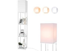 BBHome Lampadaire moderne avec étagère en bois, 3 températures de couleur à intensité variable, lampe sur pied en bois pour le salon, la chambre à coucher, le bureau, ampoule 9 W incluse (blanc)