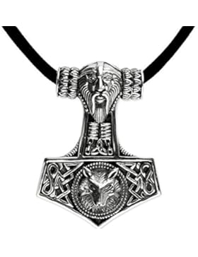 Anhänger kleiner Thors Hammer mit Wolfskopf 925er Silber Keltischer Schmuck Amulett - Schutz - mit Lederhalsband...