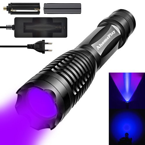 UV Schwarzlicht Taschenlampe, AhomePlay Ultraviolet 395nm LED Lampe, Urinflecken detektor, Bett-Wanzen-Sucher, Hund / Katze Fleckenentferner, mit Batterie 18650 und Aufladeeinheit