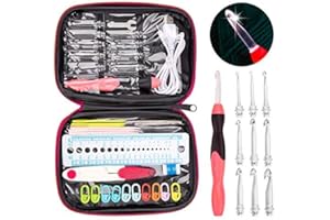 VIDILLO Aiguilles à Crochet Rochet avec LED Ensemble lumières ergonomiques, Rechargeables Crochets allumés, 9 Crochets à têtes interchangeables, Aiguilles à Tricoteravec Poignée en Caoutchouc(Rose-Rouge)