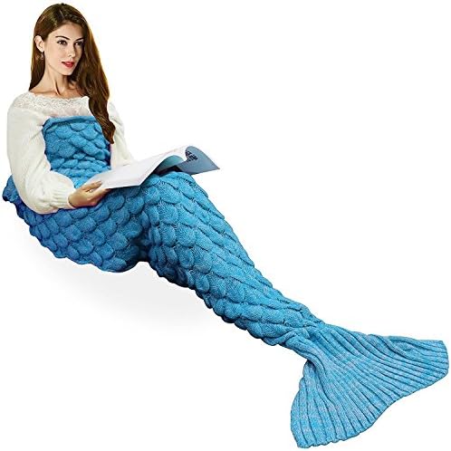eCrazyBaby Wearable Mermaid Tail Blanket Crochet, All Seasons Warm Knitted Bed Blankets Sofa Living Room Quilt for Kids and Adults, Fish-Scales Pattern, 70.9" x 35.5" (180 x 90cm), Light Blue