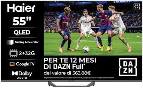 Haier Smart TV 55" QLED 4K Ultra HD S81 Series, Google TV, Dolby Audio, Gaming 120Hz DLG, HDMI 2.1, Chromecast Integrato, Bluetooth 5.1, Design Senza Bordi, Telecomando Vocale, 6 mesi DAZN inclusi