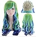 Produktbild Party Queen New Fashion Kunsthaar Damen Mädchen Sexy Lang Gewellt Multi Bunt Perücke mit Pony Kostenlose Perückenkappe (grün + blau + Lila)