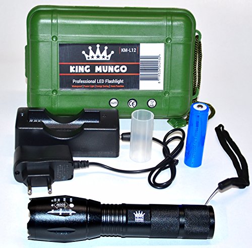 Profihafte LED Taschenlampe starke 1000 Lumen taktische T6 LED – Zoom Funktion – Insgesamt Batterie-Set – Super Hell – Große te Lichtbündel – Schone Geschenkverpackung – Stoßfest – King Mungo – KM-L12 - 3