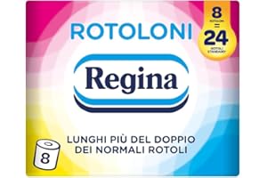 Rotoloni Regina - 8 Maxi Rotoli di Carta Igienica, 500 Fogli a 2 Veli, Lunghi Più del Doppio dei Normali Rotoli, Confezione 50% in Plastica Riciclata, Carta 100% Certificata FSC