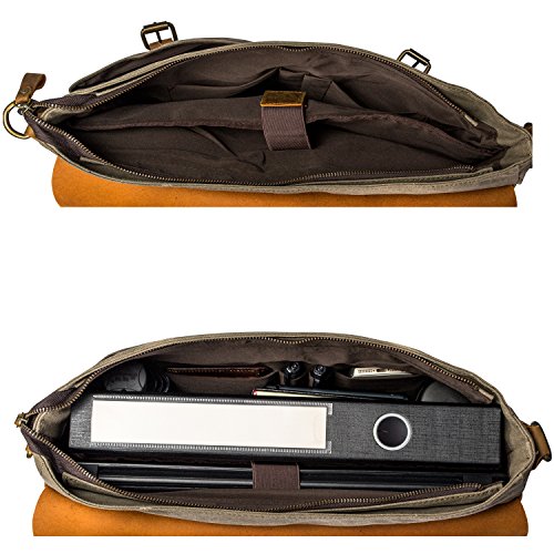 Estarer Vintage Leder Canvas Umhängetasche Laptop Tasche 15,6 Zoll Schultertasche Armee Grün - 4