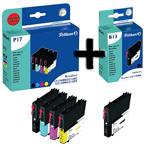 Pelikan P17 4+1 Promo Pack PLUS ersetzt Brother 2x LC1100 BK,C,M,Y 2x13ml 3x7ml schwarz/cyan/magenta/gelb
