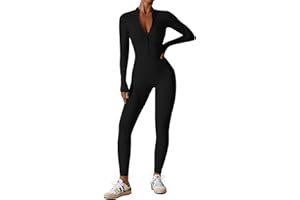 ECUPPER Womens One Piece Workout Jumpsuits Zip Up Bodysuit Long Sleeve Yoga Rompers Full Length Sports Gym Shapewear