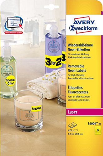 Avery Zweckform L6004-25 - Etiquetas adhesivas (63,5 x 29,6 mm, 675 unidades), color amarillo brillante