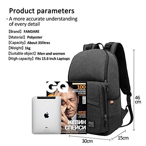 FANDARE Rucksack 15.6 Zoll Laptoprucksäcke Notebook Fahrradrucksäcke Trekkingrucksäcke Wanderrucksäcke Schulrucksack Arbeit Daypack Reisen Studenten Herren Damen Wasserdicht Polyester - 6