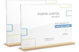CHELY INTERMARKET Porta Cartel A4 Pack 2 Horizontal Base Madera Acrílico Transparente Señalética Tarifa Restaurante Negocio Información Eventos Mostrador Soporte Carteles