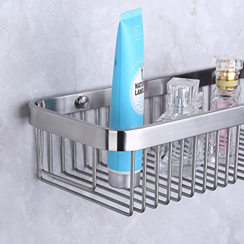 HOMEIDEA Extrem Fest & rostfrei rechteckig Badewanne und Dusche Regal Korb, Wand montiert Badezimmer Bad Caddy/Aufbewahrung mit 5 Handtuchhalter Haken Kleiderbügel, gebürstet, SUS304 Edelstahl, Edelstahl, Silber, A-Rectangular - 5