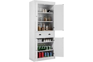 TANGZON Tall Kitchen Cupboard, 183cm 4-door Storage Cabinet with Drawer, Adjustable Shelves, Door Racks & Anti-tipping Device, Freestanding Wooden Sideboard Organiser (White, without Door Racks)