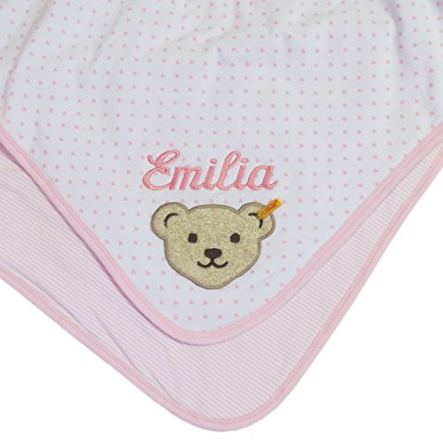 Steiff Herzchendecke mit Ihrem Wunsch Namen in der abgebildeten Stickschrift bestickt rosa und fein gestreift auf der Rückseite 90 cm x 60 cm Namensdecke