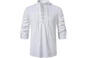 PADOLA Camisa Medieval de Lino para Hombre Camisa Retro con Cordón Henley Camisas Estilo Hippie Traje de Pirata