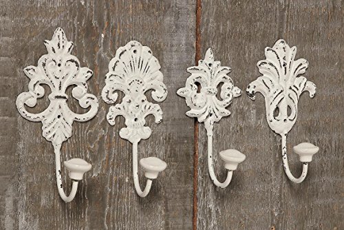 4 Stück Wandhaken weiß Gußeisen Shabby Chic Haken Nostalgie Metallhaken Garderobe Vintage Ornamente Barock Shabby Chic Garderobenhaken - 3