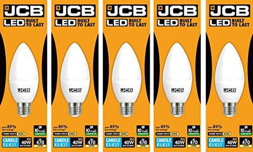 JCB 6w LED E27 Candle Bulbs Edison Screw, 40w Incandescent Bulb Equivalent, 470lm, Warm White 3000k, Non Dimmable, LED Edison Screw Candle Light Bulbs, 220-240v. Packs of 5 Units