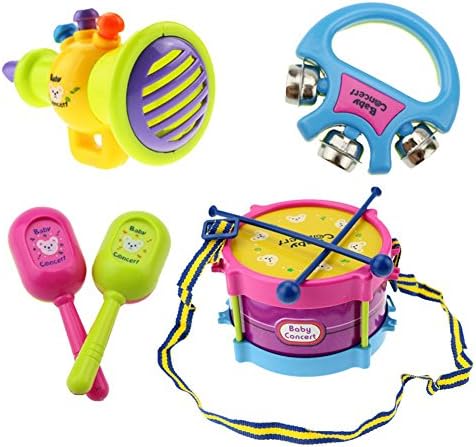 Fusino Musical Instruments Drums Toy with Sand Hammer Rattles Trumpet Bass for Baby Kids Education