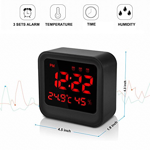 Welltop Digital Wecker mit 3 Sätzen Alarm, Zeit / Temperatur / Luftfeuchtigkeit Anzeige, Großbildschirm Reise Wecker, Schwarz - 3