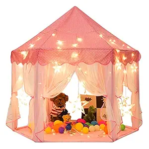 Party Propz 55 x 53 Princess Theme Tent for Girls with 8.2 Feet Big Star Lights Large Playhouse Kids Castle Play Tent/ Children Indoor and Outdoor Games/Birthday Gifts for Girl/Toy Play House/Tenthouse, Pink