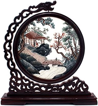 Splendent Furniture 100% Handmade Double-sided Su Embroidery 360° Rotate with Stand Oriental Asian Collection Art Decor Artwork Placed on Table or Shelf (EM0114-11 landscape)
