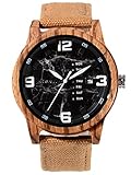 Alienwork Herren-Armbanduhr Quarz gelb mit Canvas-Armband Kalender schwarz Holzuhr Natur-Holz