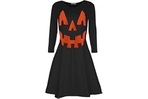 Fashion Star Oops Outlet Womens Halloween Skull Scary Cat Round Neck Ladies Long Sleeve Skull Cat Flared Mini Swing Dress