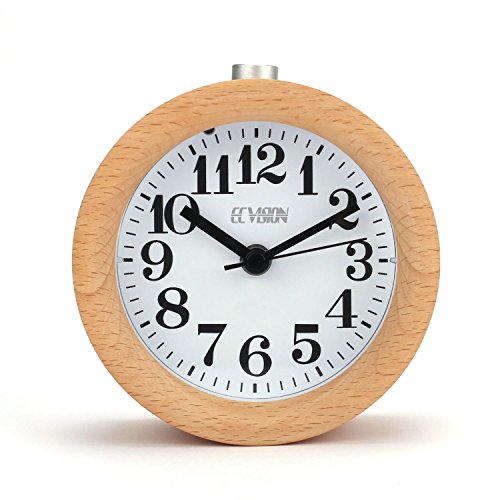 ECVISION Kleiner Wecker Holz Tischuhr Handgemachte Umweltfreundlich Tischuhren Klassisch Kleine Runde Stille Tisch Snooze Buchenholz mit Nachtlicht (Light Wooden) - 2
