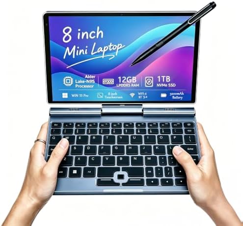 KOOFORWAY 8 Pollici 2-in-1 Mini Laptop, Schermo Touch HD Rotabile con Supporto per Scrittura Manuale, Windows 11 Pro, Laptop Compatto, N100, 12GB RAM, SSD da 512GB/1TB (BP8(12GB+1TB))