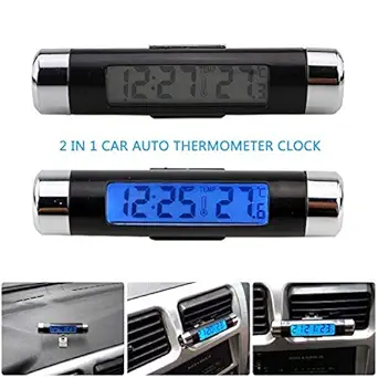 Car Temperature Clock Universal Auto Dashboard Digital Clocks with Blacklight and LCD Screen Adjustable Vehicle Temperature Gauge Support 12h/24h Transformation Modes-Black+Silver