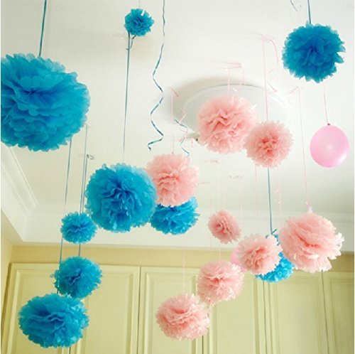 CUTADORNS 6pcs Tissue Paper Pom Poms Flower Ball Hanging Pom for Wedding Party Outdoor Decoration Bridal Shower Party Baby Shower (Pink and Baby Blue)