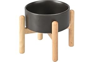 SPUNKYJUNKY Gamelle en céramique pour Chien, gamelle surélevée, gamelle d'eau avec Support en Bambou pour Chiens de Taille Moyenne et Grande (850 ML, Noir)