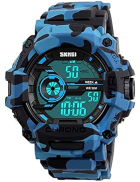 XLORDX Herren Kinder Digital Armbanduhr LED Camo Sportuhr Stoppuhr Wecker Wasserdicht Quarzuhr Taschenuhren Blau