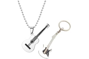 Houhounb Retro Halskette und Schlüsselanhänger mit Gitarren Anhänger Hip-Hop-Schmuck Gravierte Edel-Stahl Hals-kette Personalisierte Halskette für Musikliebhaber Geschenk
