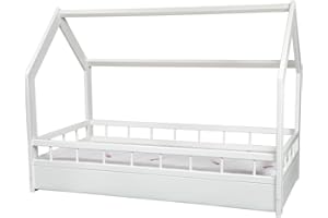 VELINDA Scandinavian Style Kids Bed+ Standard Mattress,Set,House Bed 160x80+barriers (Colour: White)