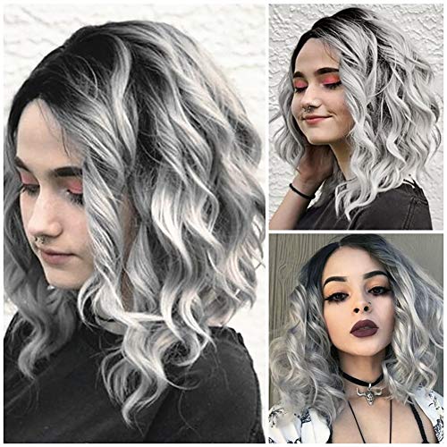 Ankamal Elec Corto Pelucas delanteras del cordón Pelucas de cabello humano Peluca gris degradado negro Peluca de Ombre Peluca cosplay Peluca ondulada Peluca sintética para mujeres 14 pulgadas