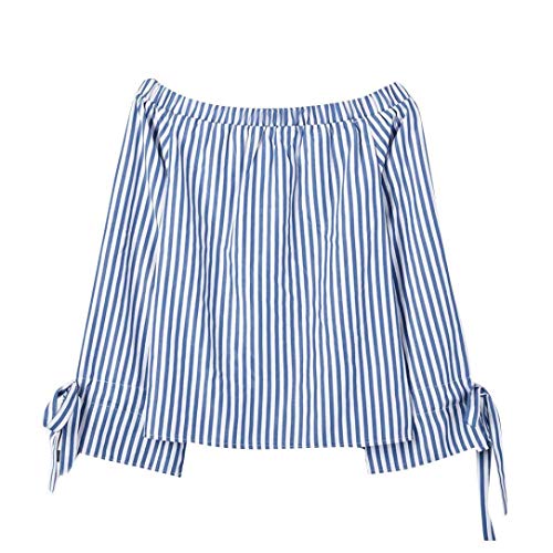 Preisvergleich Produktbild JUSTSELL New Arrivial Herbst Langarmshirts Damen,Frauen Trägerlos Hemdbluse Streifen Damentops Schmetterling Bogen Ärmel Tops Casual T Shirt