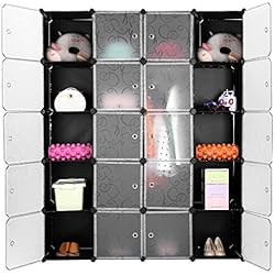 LANGRIA 20 Cubes Penderie Modulable avec Portes Garde-Robe de Rangement Portable 1 Tige Suspendue pour Vêtements Chaussures Jouets Accessoires Capacité par Cube 4,5 kg (Motif Bouclé Noir et Blanc)