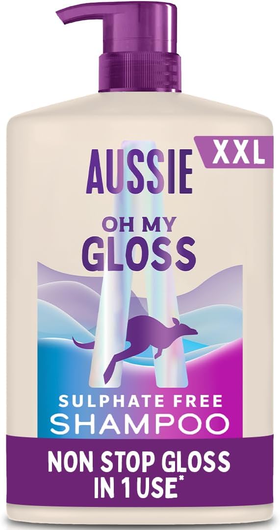 Aussie Oh My Gloss Shampoo 1000ml. Deeply Moisturises Dry and Dull Hair. Infused with Australian White Strawberry. Sulphate-Free Formula. For Instantly Shinier and Glossy Hair. Vegan and Cruelty-Free