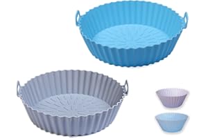 MIR & MAD® 2PCS Silicone Air Fryer Liner & 2 Cupcake Liners | Heavy Duty High Heat Resistant Air Fryer Silicone Liner 8 Inch Round Non Stick Reusable Silicone Air Fryer Liners (Blue & Grey)