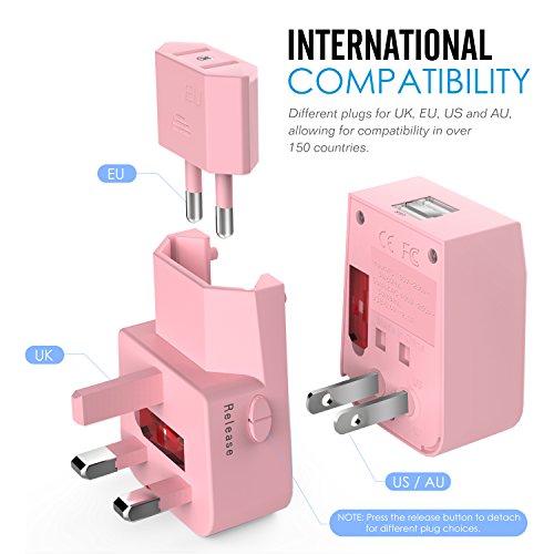 MoKo Universal Reiseadapter – All-in-One US / EU / UK / AU Reisestecker AC Power Wall Charger Konverter Stecker Adapter mit 2 USB Ports 2.1A für Smartphone, iPhone, iPad, MP3 Player, Rosa - 3
