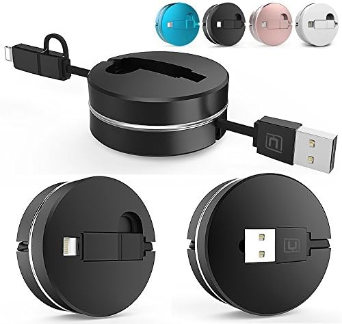 Cafele Lightning to USB Cable with Micro USB Cafele 3.3ft 2.1A Handy Retractable Micro and Lightning USB Charging &amp; Sync Data 2 in 1 Travel Cable Adapter for iOS(8/9/10) &amp; Android Phones Tablets (IOS(Lightning)+Android(Micro)2 in 1, Black(01))