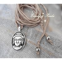 Seidenkette Buddha versilbert Anhängerkette Seidenband Esotherik Meditation Yoga